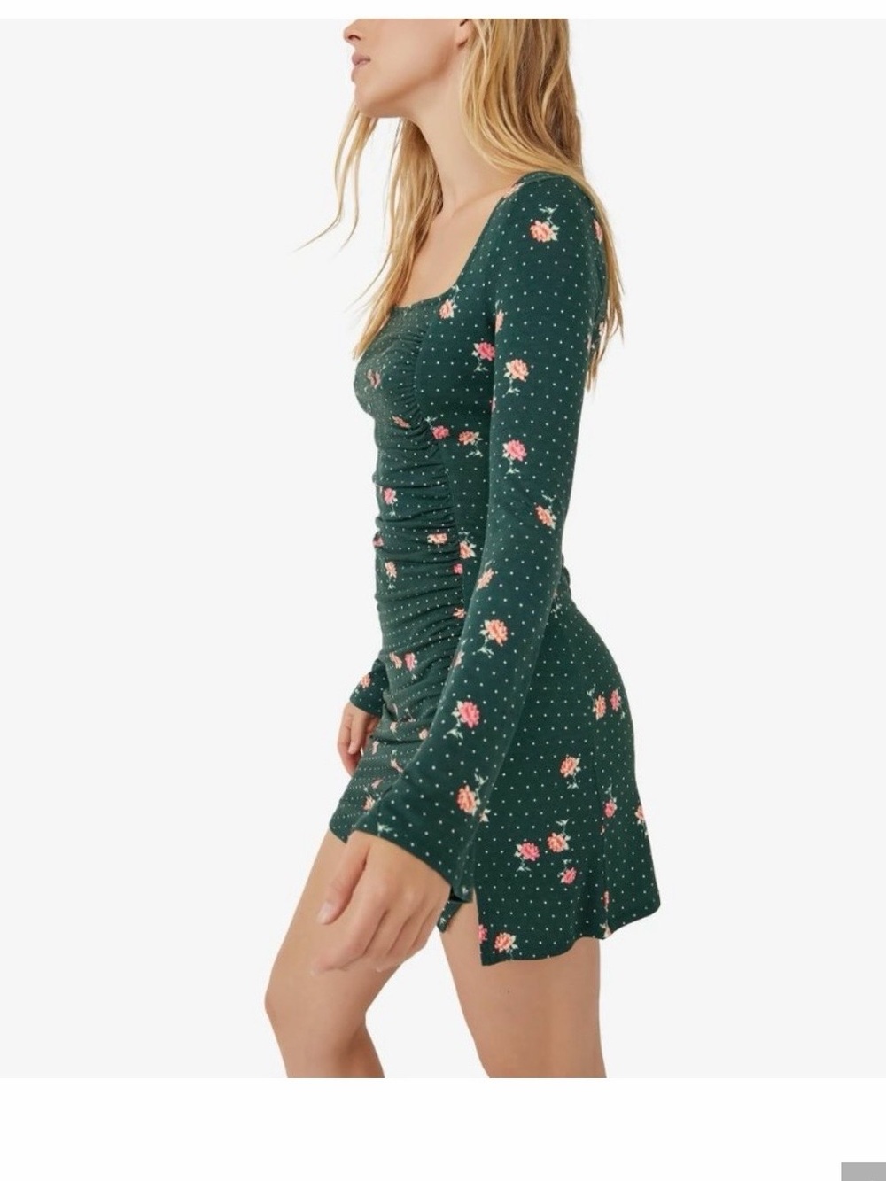 Free People Dark Green Floral Long-Sleeve Keyhole Mini Dress - Picture 3 of 9